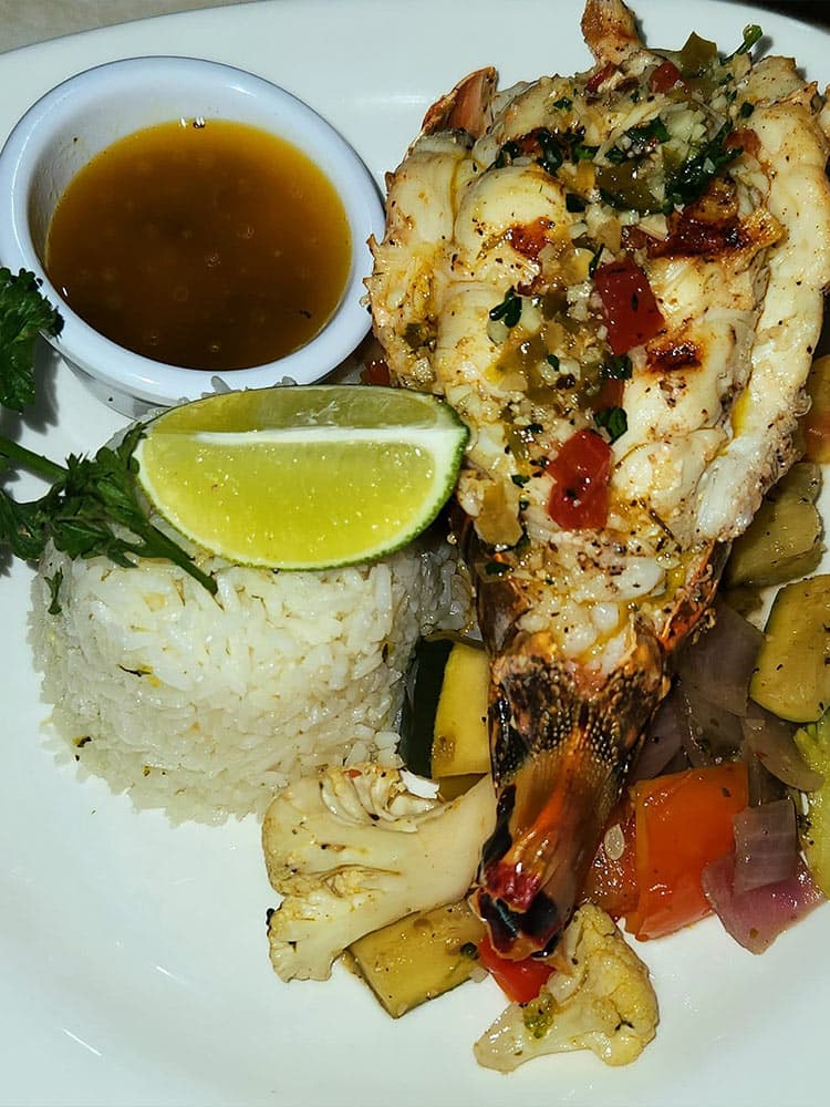 Grilled lobster tail served with rice, sautéed vegetables, lime wedge, and dipping sauce.