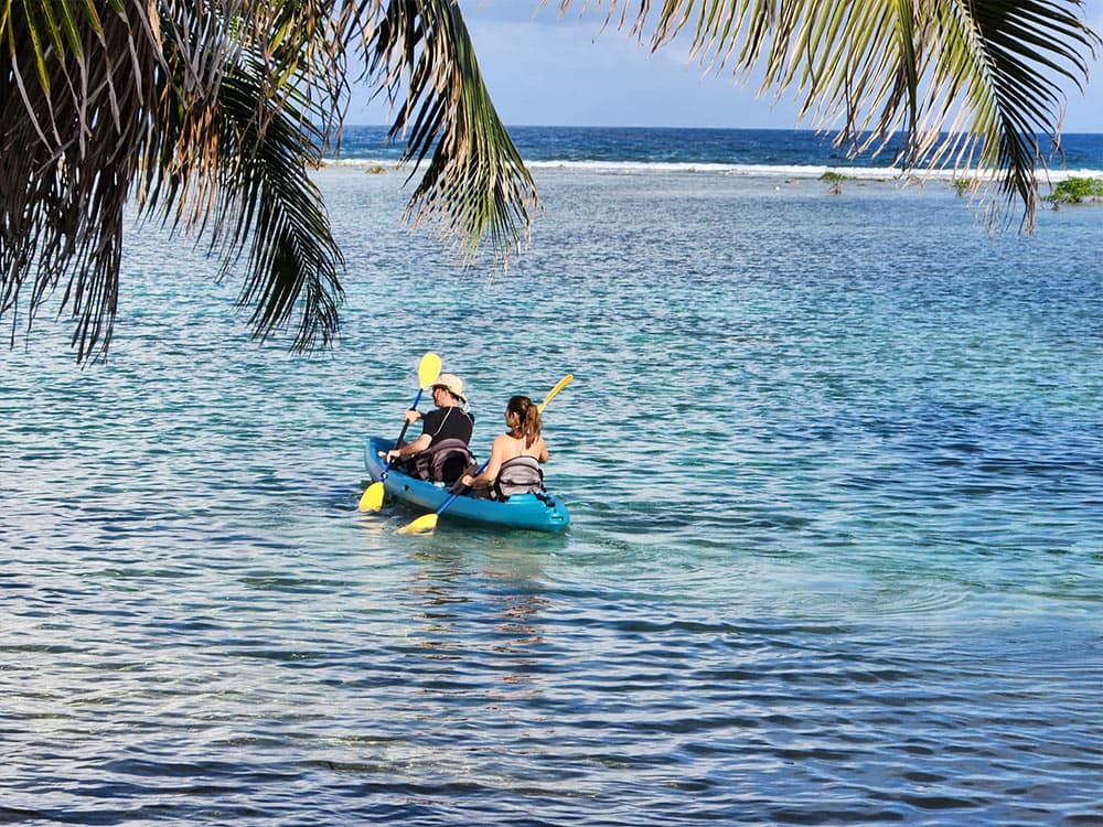 Two people kayak in clear blue water under palm trees.
