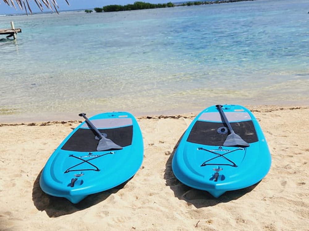Two blue paddle boards resting on sandy beach beside clear water.