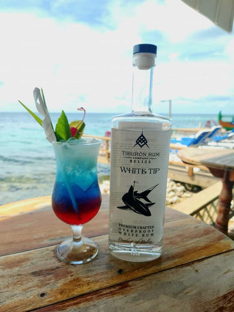 A colorful cocktail garnished with mint and a cherry sits beside a bottle of Tiburón Rum against a scenic ocean backdrop.