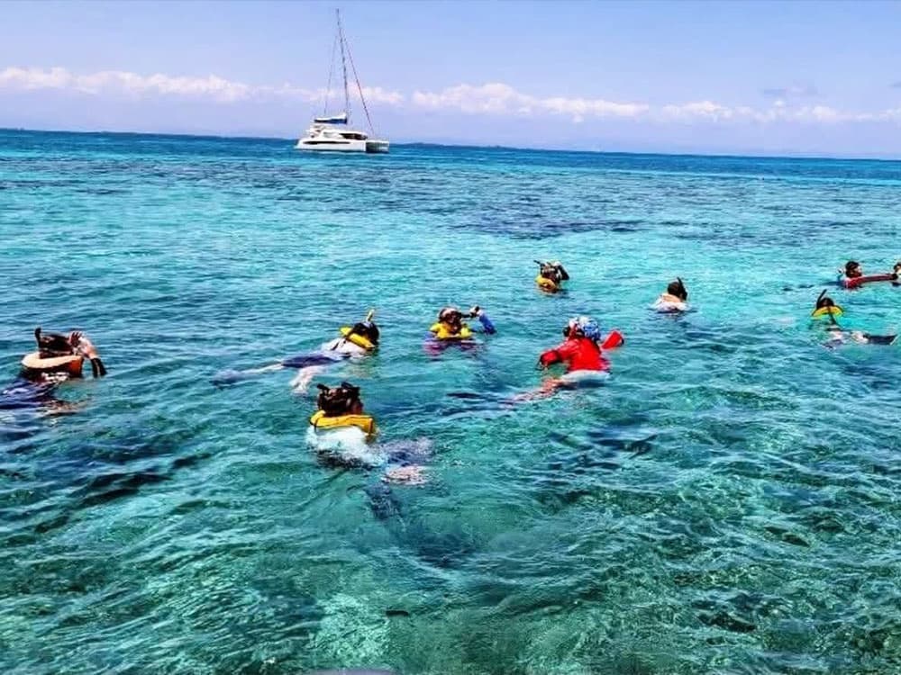 A group of snorkelers swim in clear turquoise water with a boat in the background.
