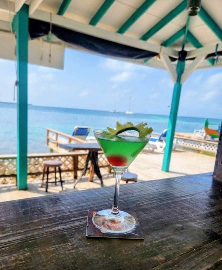 A vibrant green cocktail with a cherry and garnish sits on a wooden bar overlooking a serene ocean view.