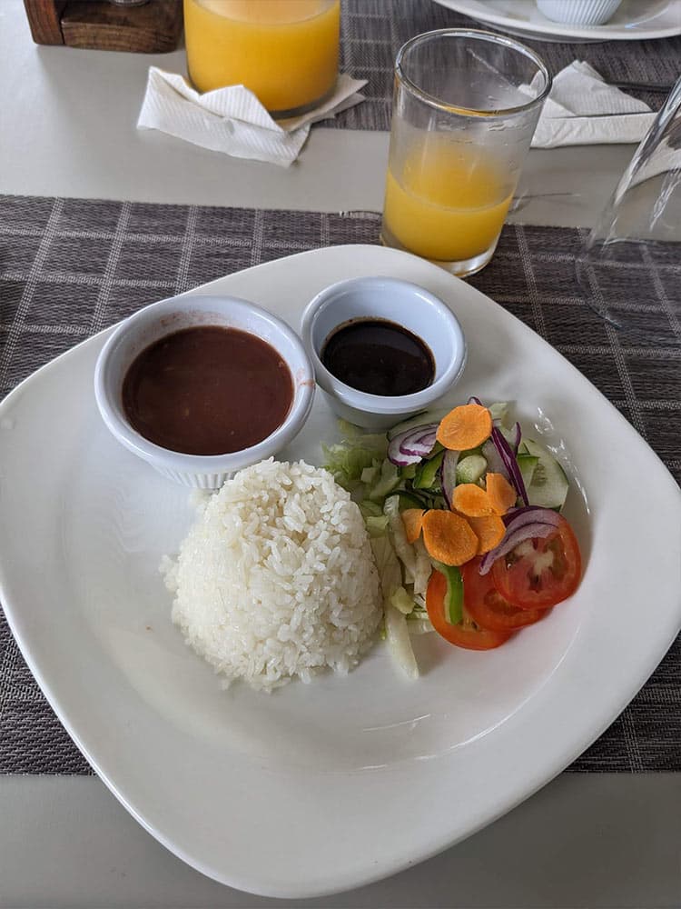 A plate with rice, two dipping sauces, and a colorful salad, accompanied by glasses of orange juice.