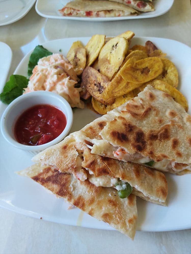A plate featuring grilled quesadillas, fried plantains, a coleslaw salad, and a small bowl of salsa.