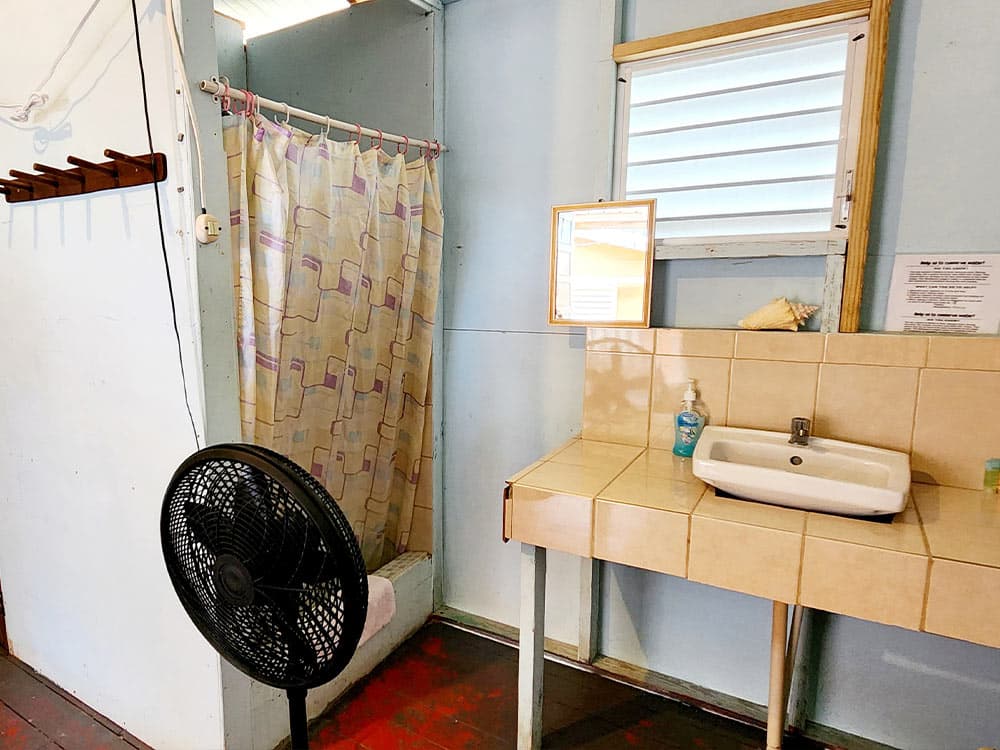 A simple bathroom with a shower curtain, sink, mirror, and a fan.