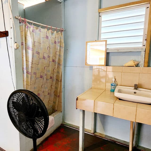Bathroom with a shower curtain, sink, mirror, and a fan.