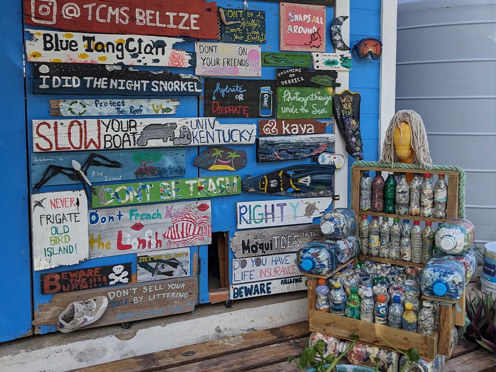 A colorful wall adorned with various signs promoting environmental awareness and local guidelines, alongside a display of recycled bottles.
