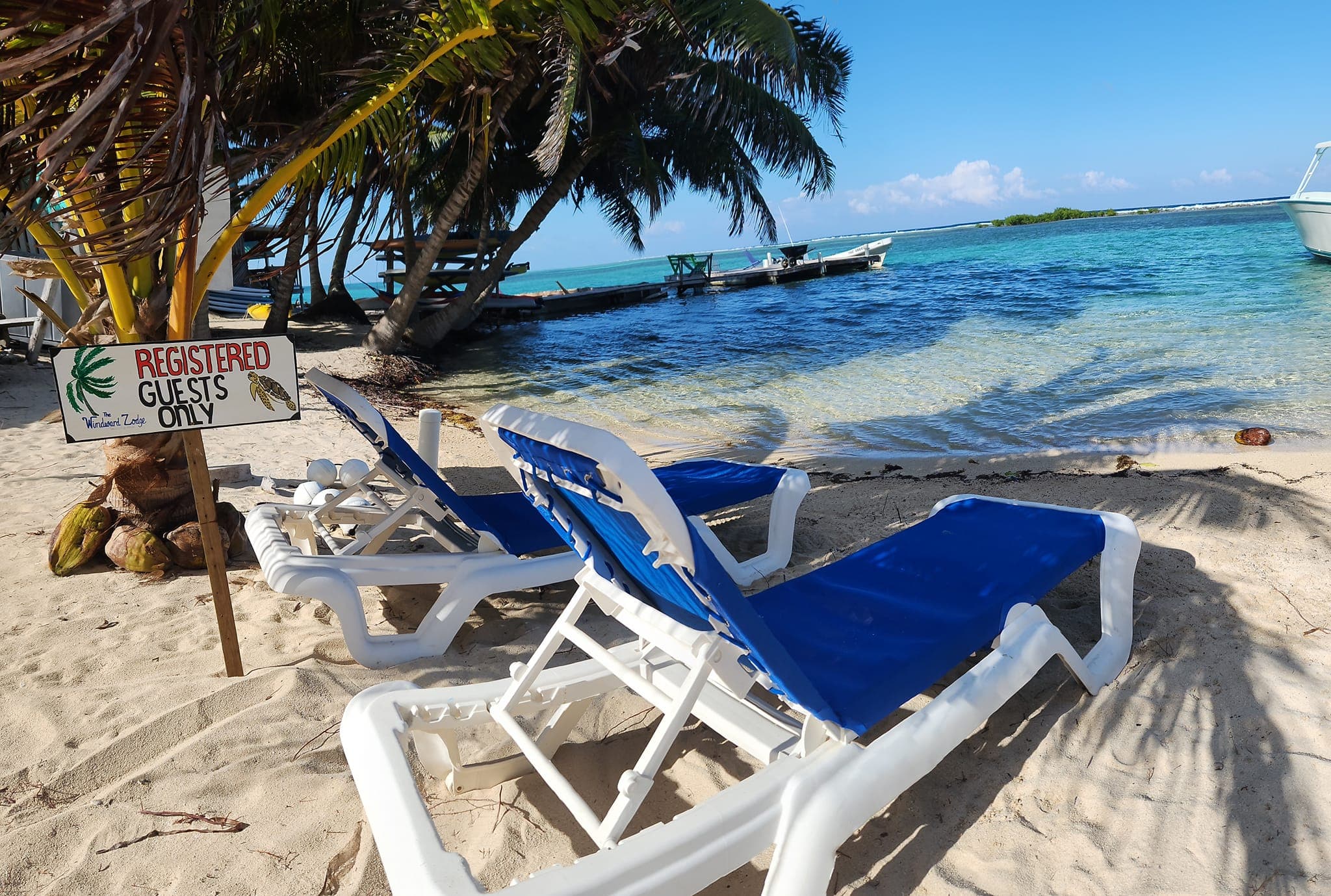 Two blue beach chairs on a sandy shore with a sign that reads "Registered Guests Only" and a view of the water and boats.